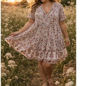 18 Centimeters Button Front Tiered Babydoll Dress 1X Cottagecore Tiered Floral